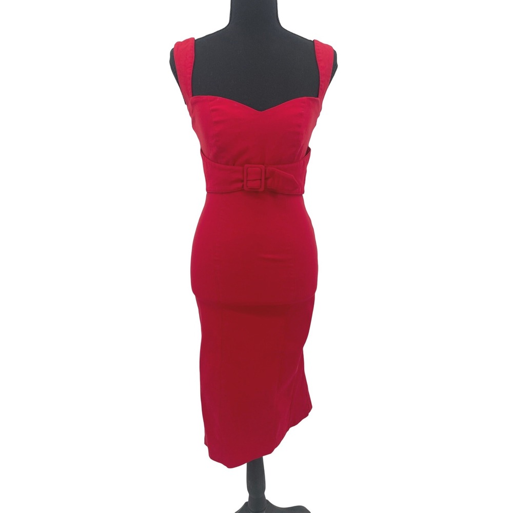 Pinup Couture Dress Womens S Red Rayon Blend Wiggle Belted VTG Rockabilly 50s